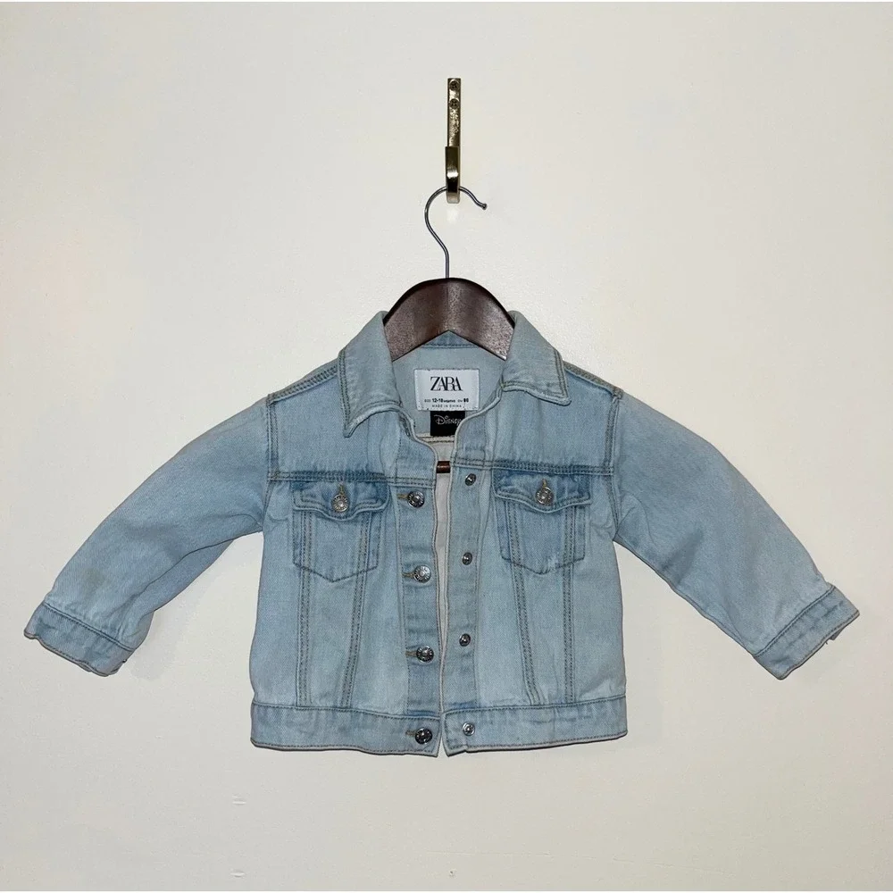 ZARA Disney Kids Denim Jacket Minnie Mouse Print Light Wash Size 12-18 Months